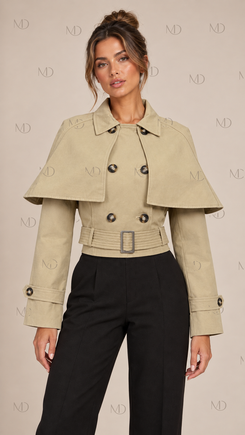 Harriet Caped Trench Jacket — khaki model front