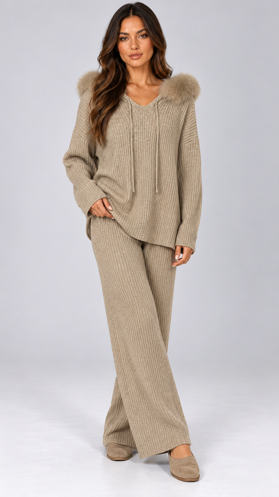 Wilma Fox-Hood Knit Set — khaki model front
