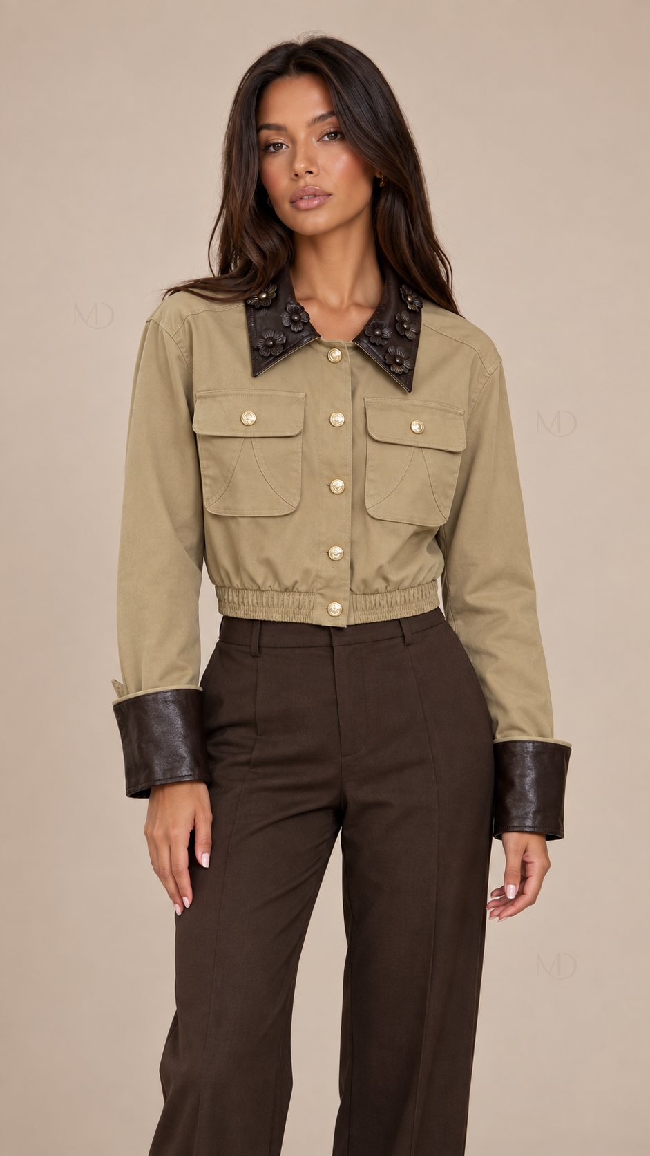 Wren Floral-Collar Work Jacket — khaki model front