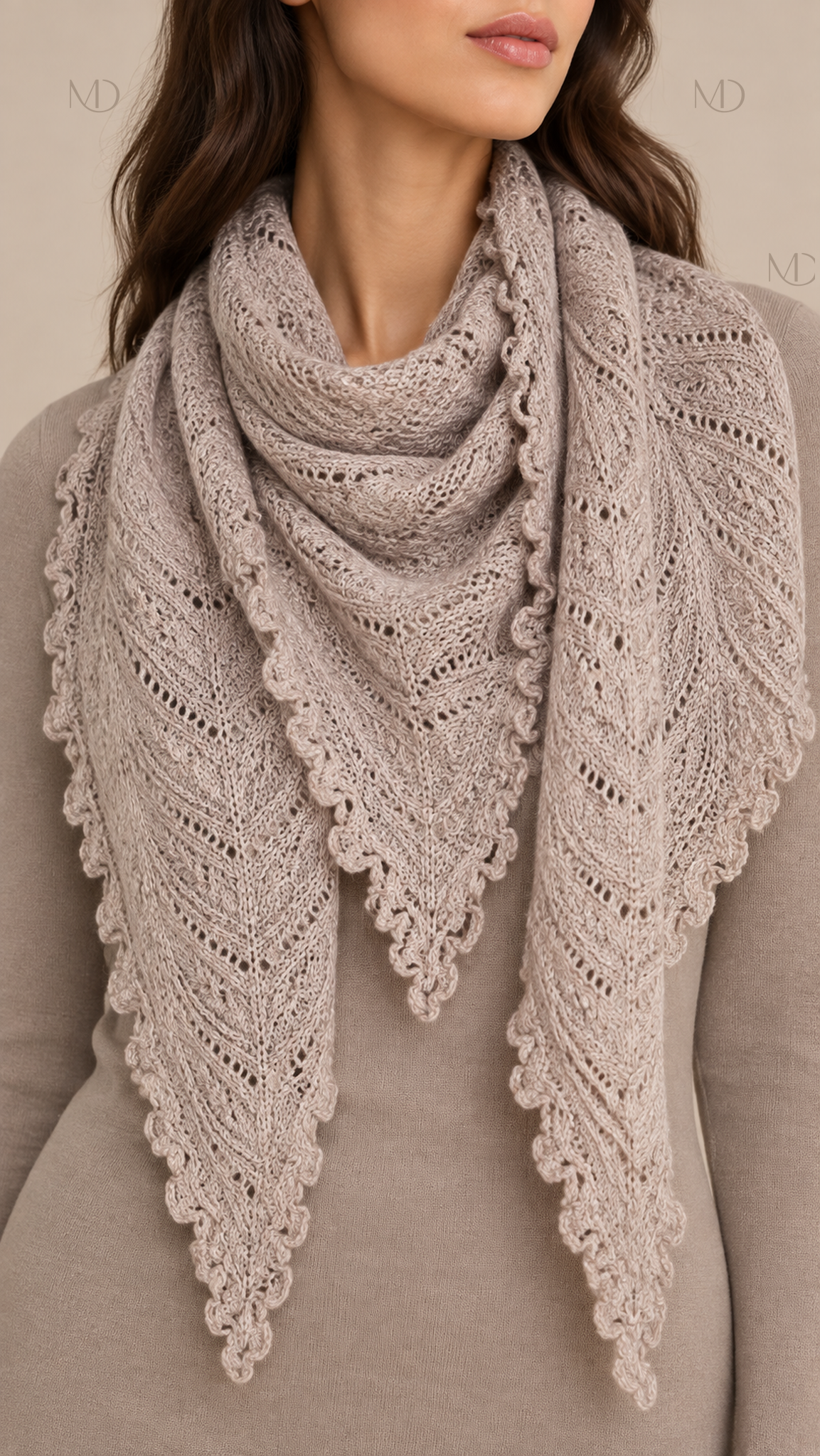 Elowen Pointelle Triangle Scarf — khaki worn closeup