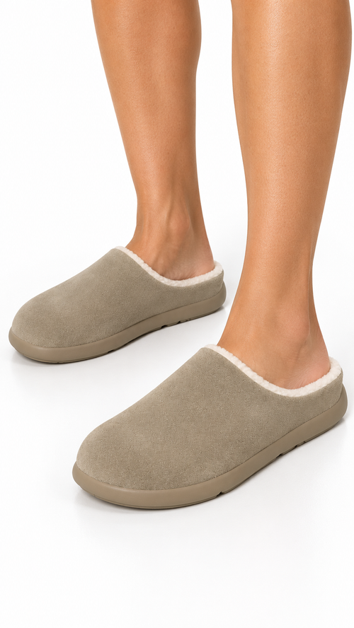 Leandra Plush-Lined Mule — khaki worn closeup