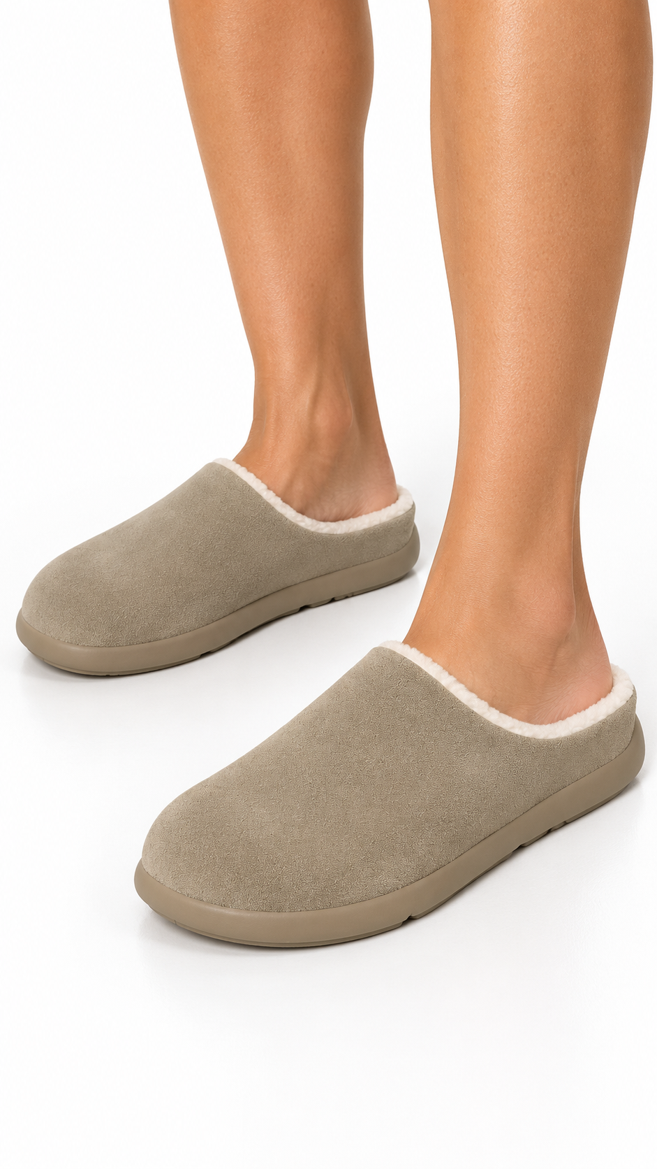 Leandra Plush-Lined Mule — khaki worn closeup