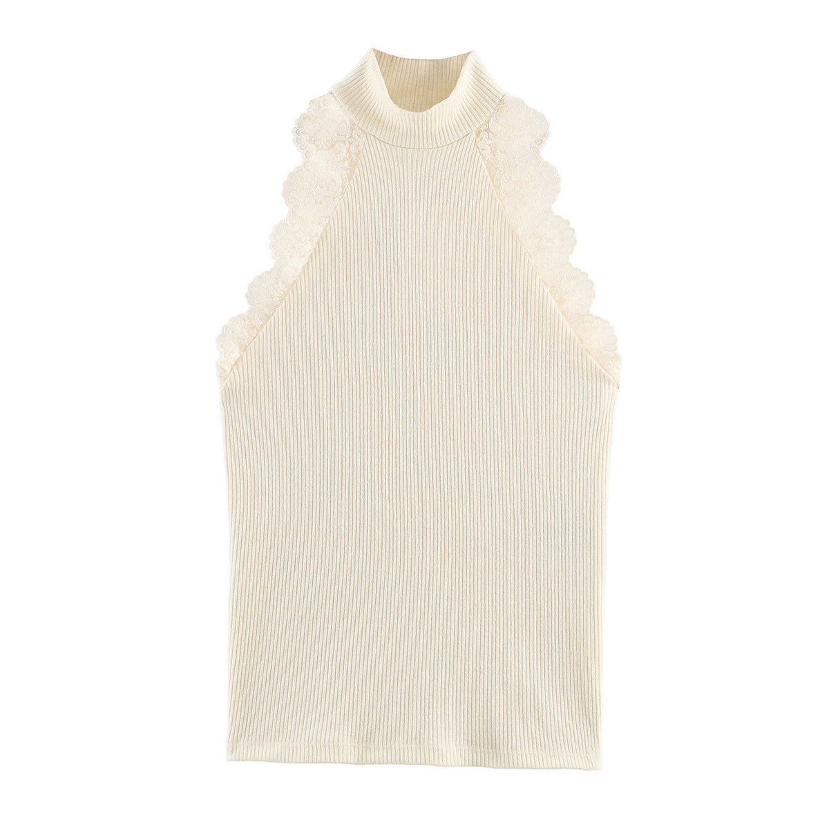 Lace Trim Rib Knit Halter Neck Top