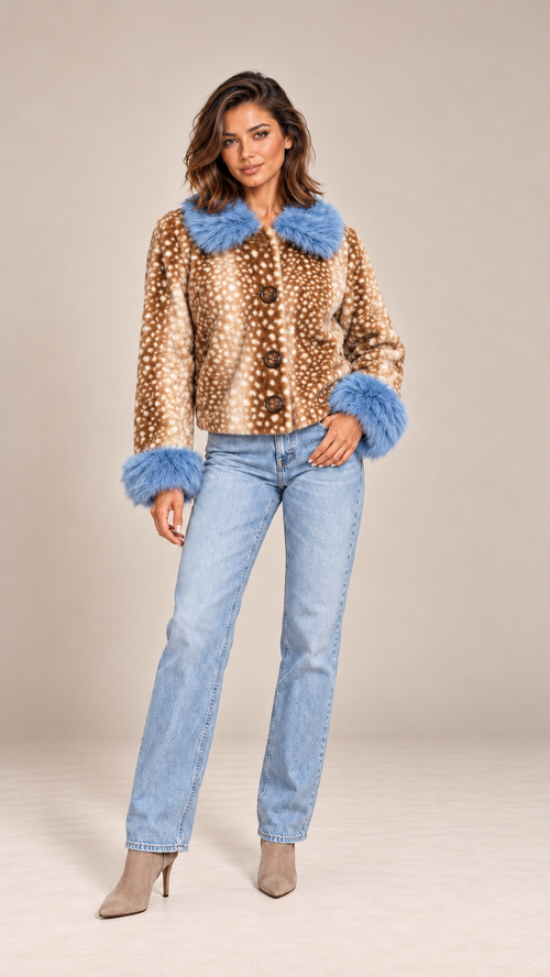 Wren Fawn-Spot Jacket — Leopard spots model front