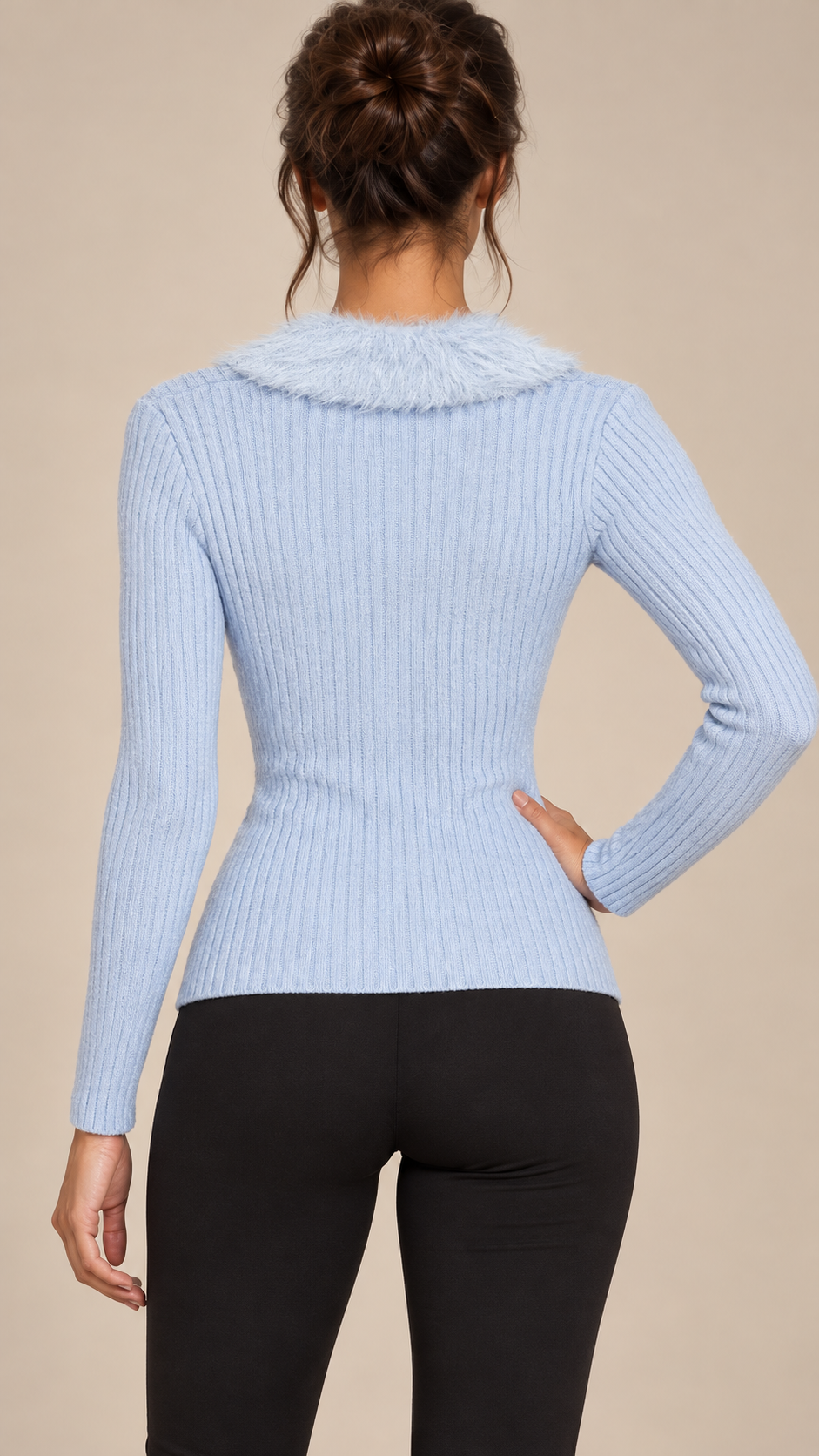 Kirsi Shag-Collar Cardigan — light blue model back