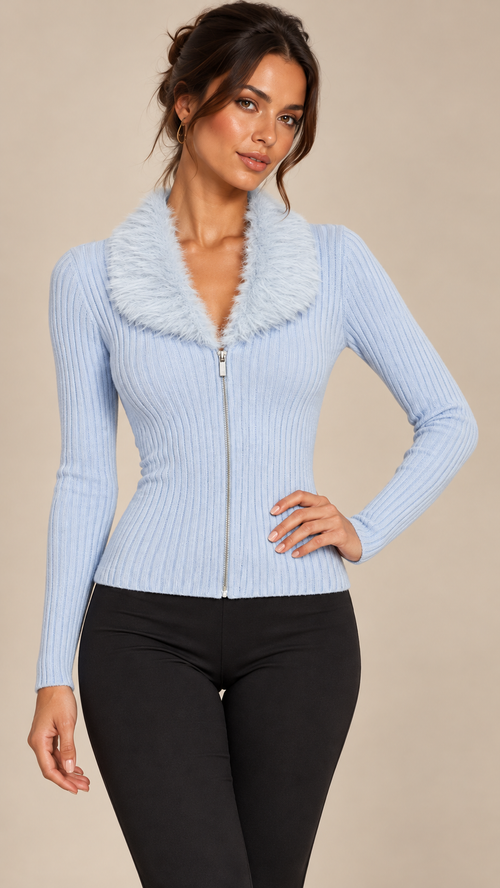 Kirsi Shag-Collar Cardigan — light blue model front