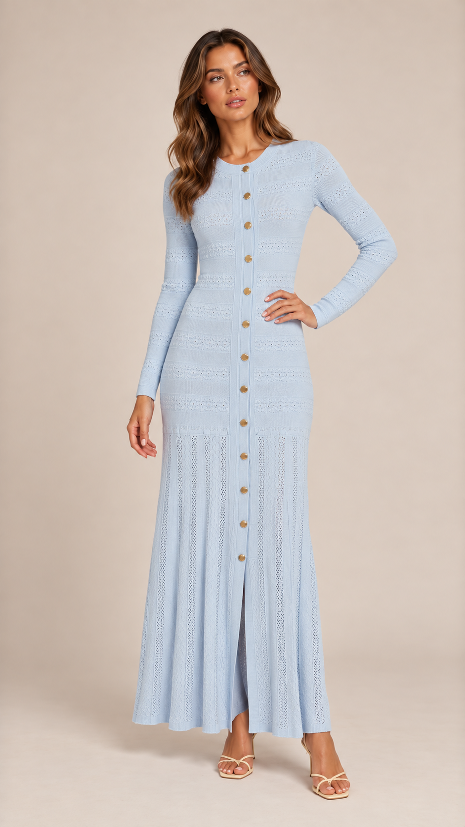 Noemi Ribbed Knit Maxi Dress — light blue model front