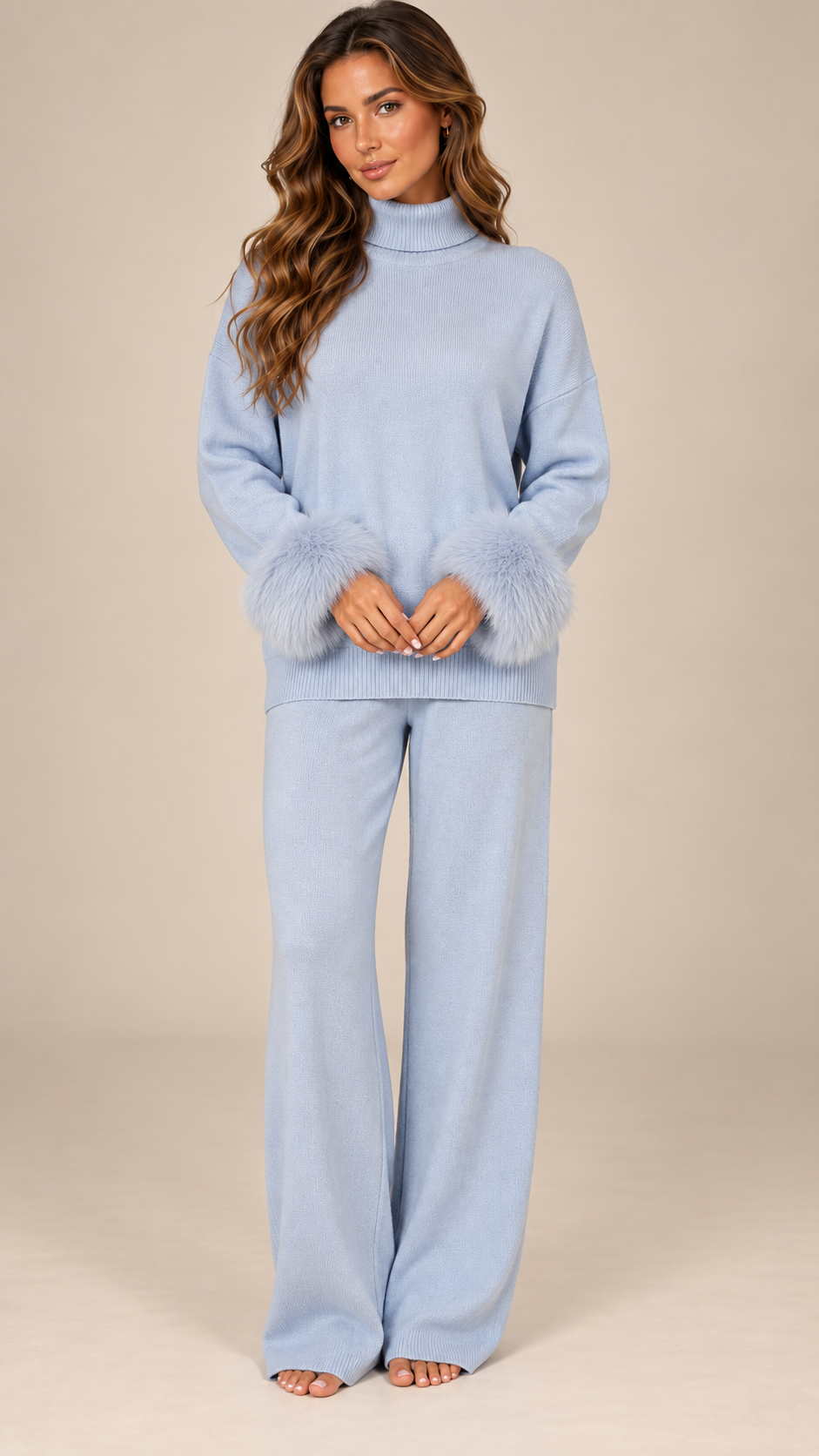 Noor Fur-Pom Knit Set — light blue model front
