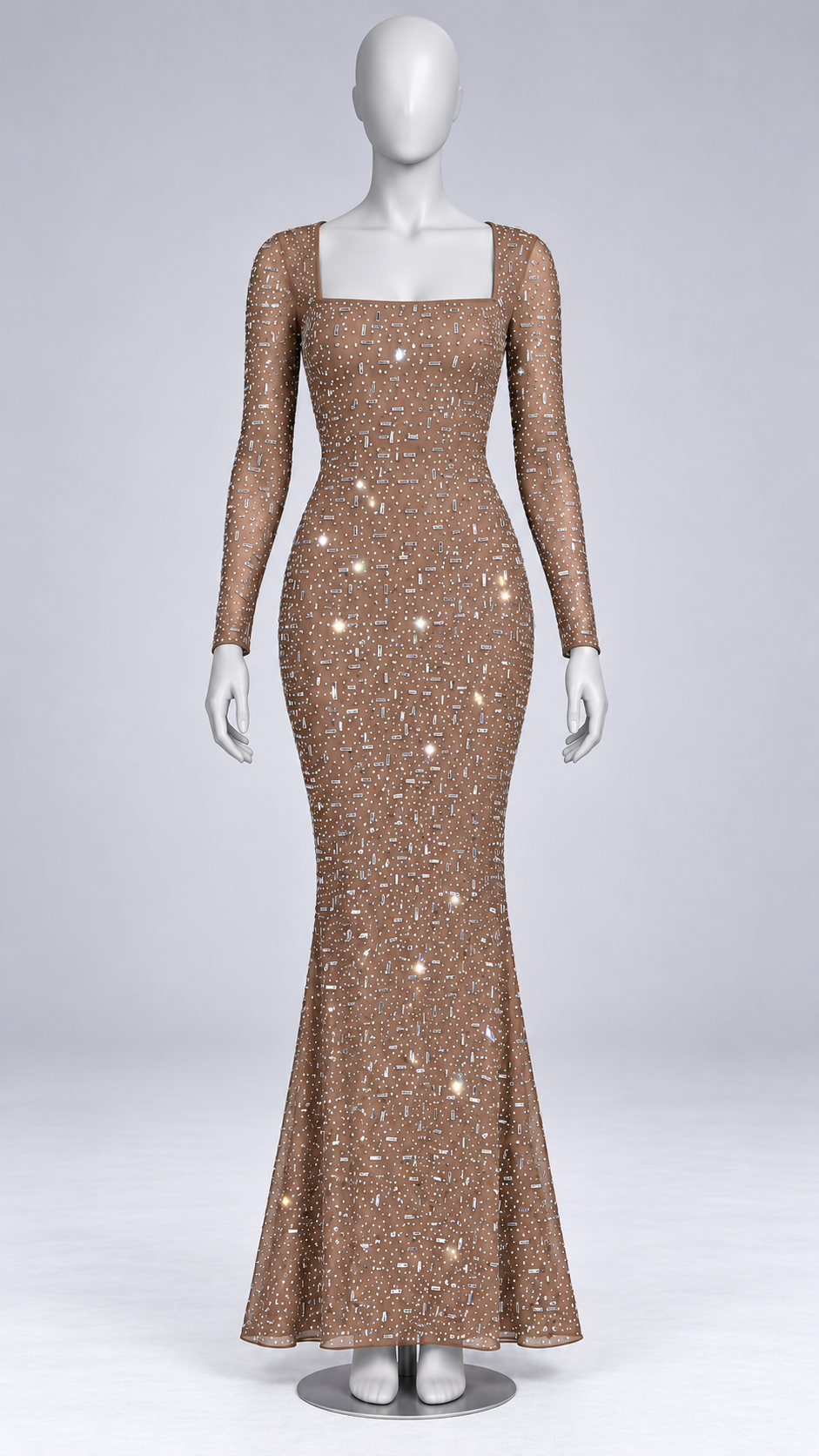 Amaryllis Sheer-Mesh Maxi — light brown mannequin front