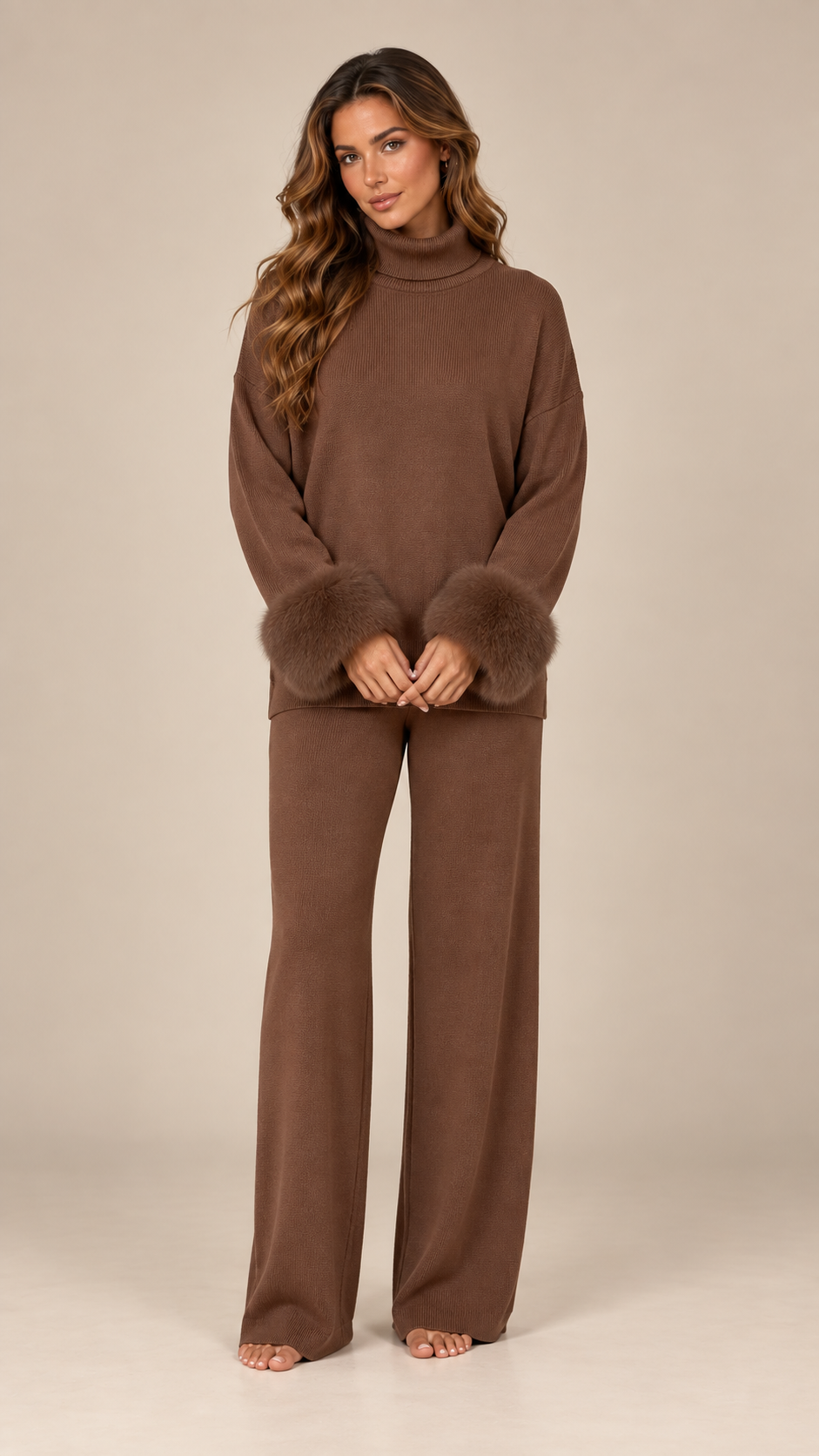 Noor Fur-Pom Knit Set — light brown model front