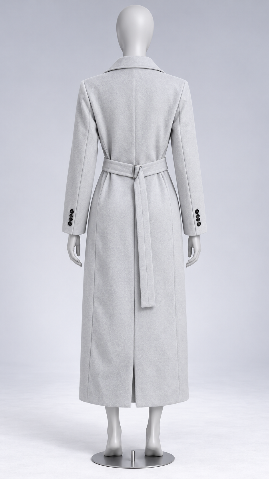 Ludovica Sculpted Long Coat — Light Gray Belted mannequin back