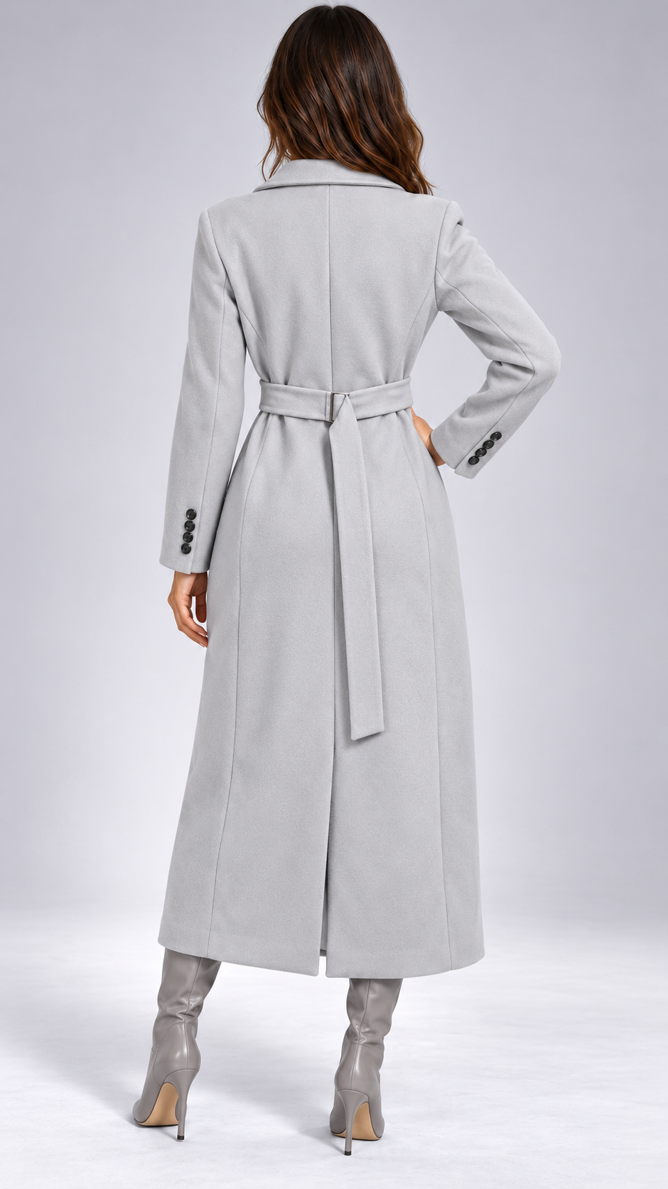 Ludovica Sculpted Long Coat — Light Gray Belted model back