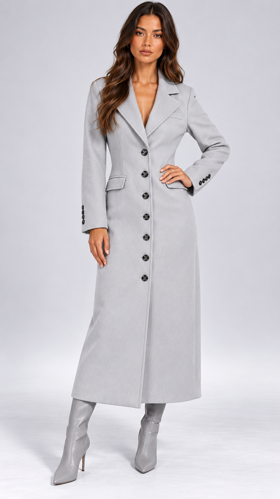 Ludovica Sculpted Long Coat — Light Gray Belted model front