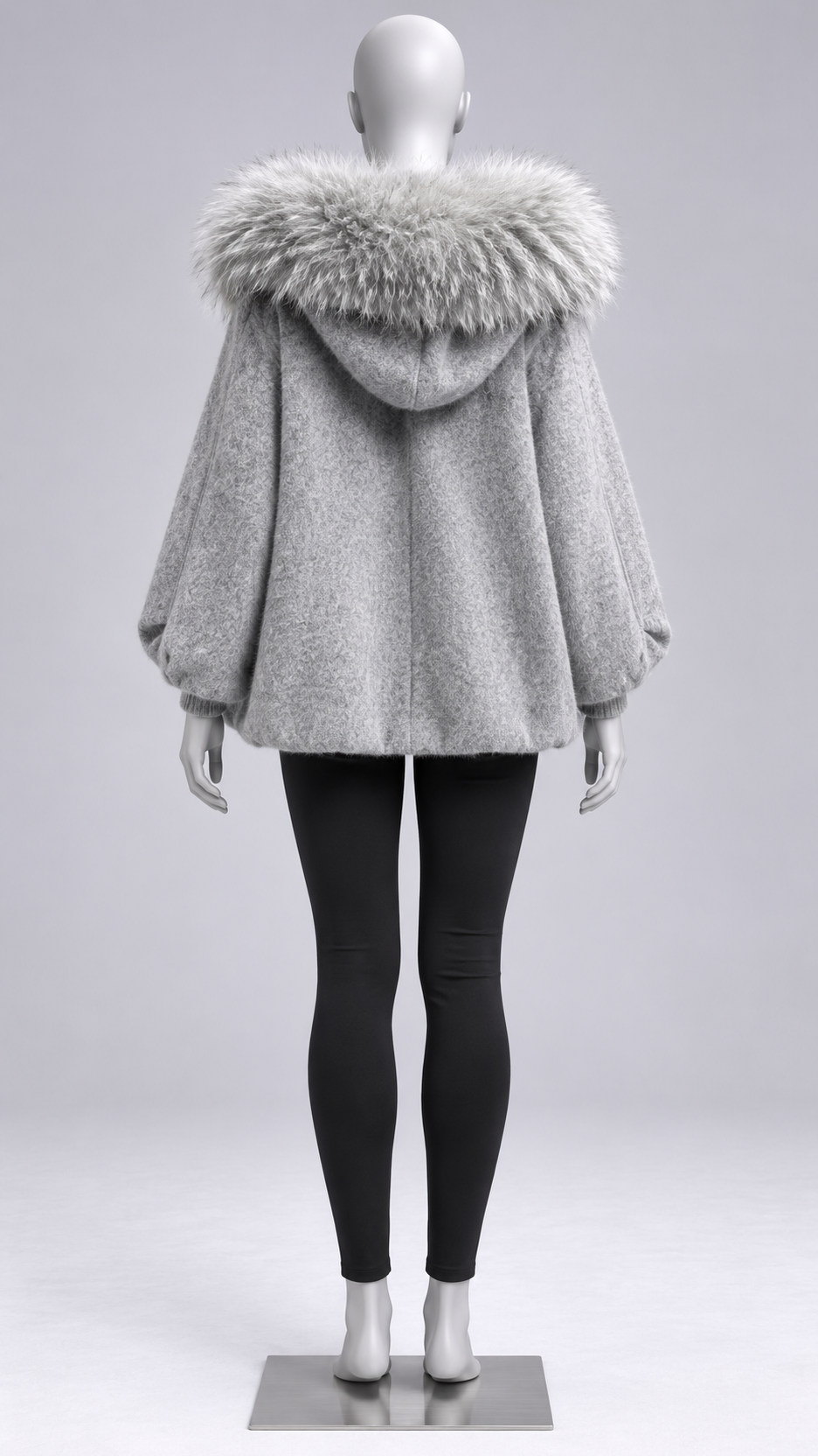 Marianne Raccoon-Hood Down Jacket — Light Gray mannequin back