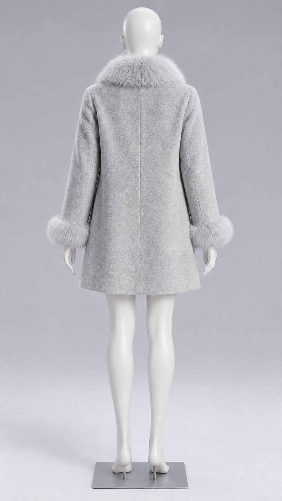 Sabine Fox-Cuff Wool Coat — Light Gray mannequin back