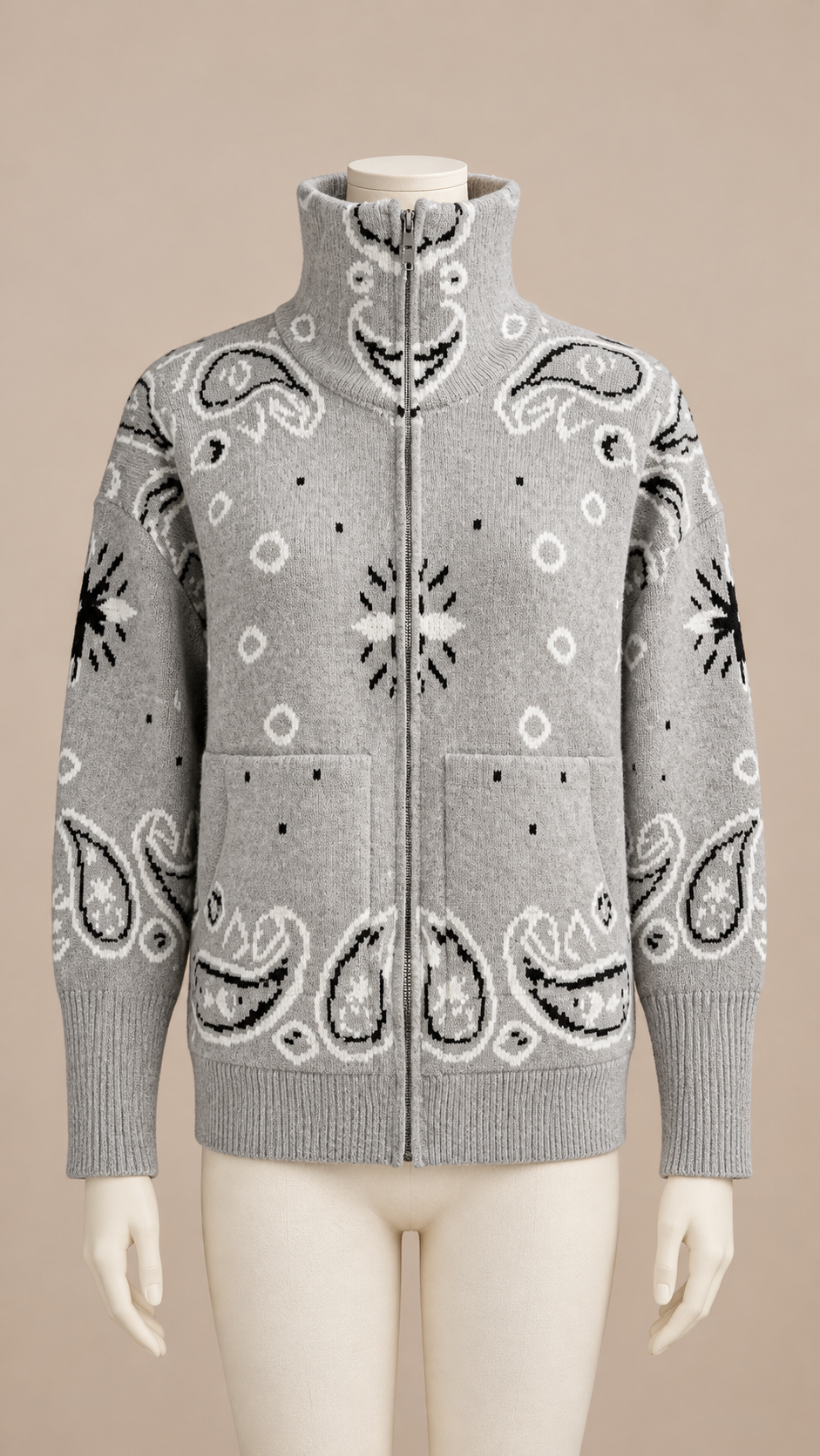 Sienna Paisley Zip Cardigan — Light Gray mannequin front