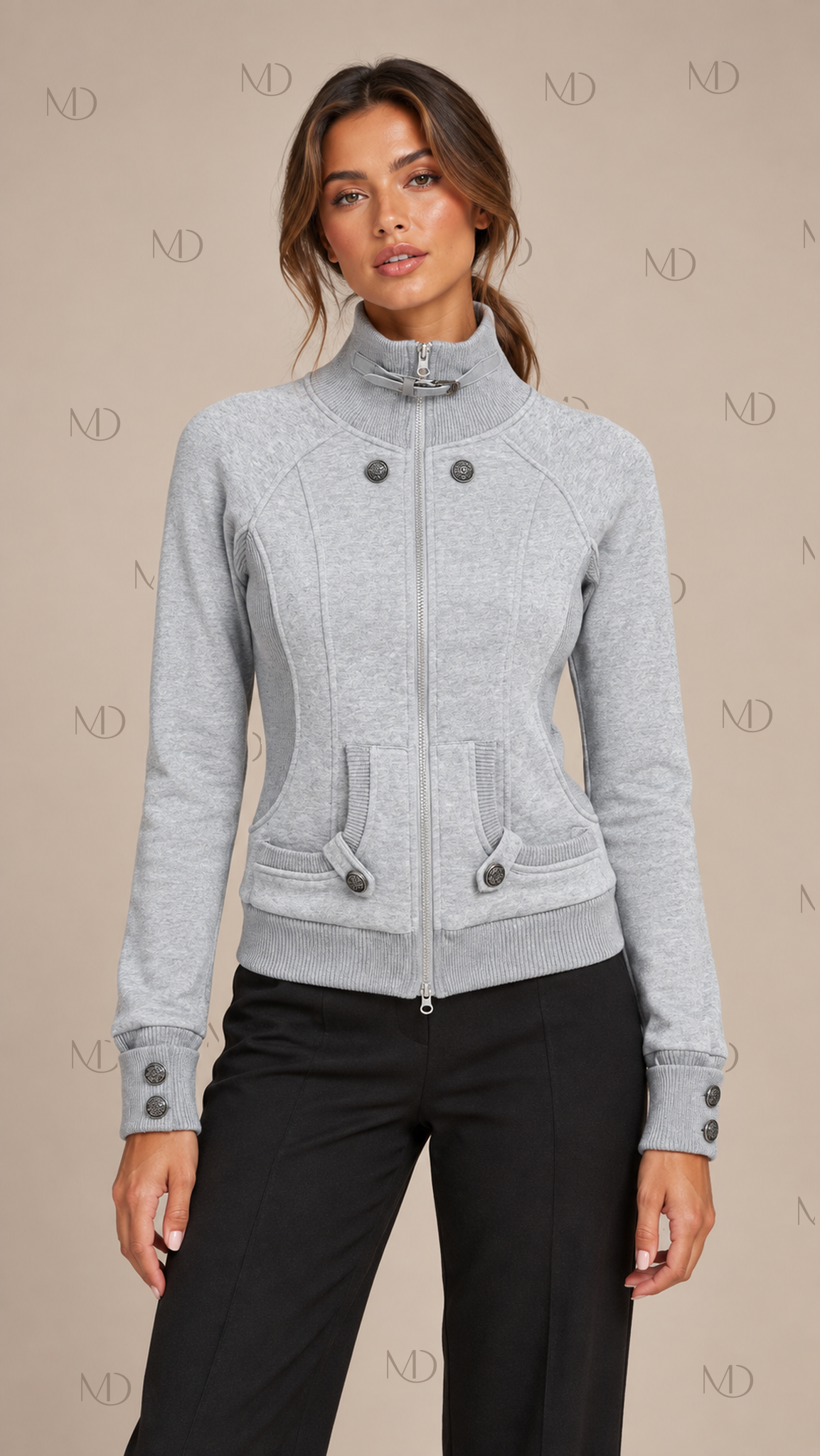Yuzu Studded Fleece Zip Jacket — Light Gray model front