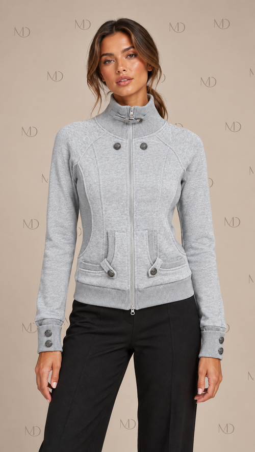 Yuzu Studded Fleece Zip Jacket — Light Gray model front