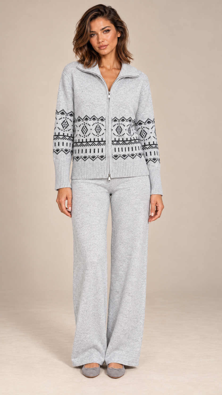 Ingeline Fair Isle Knit Set — Light Gray model front