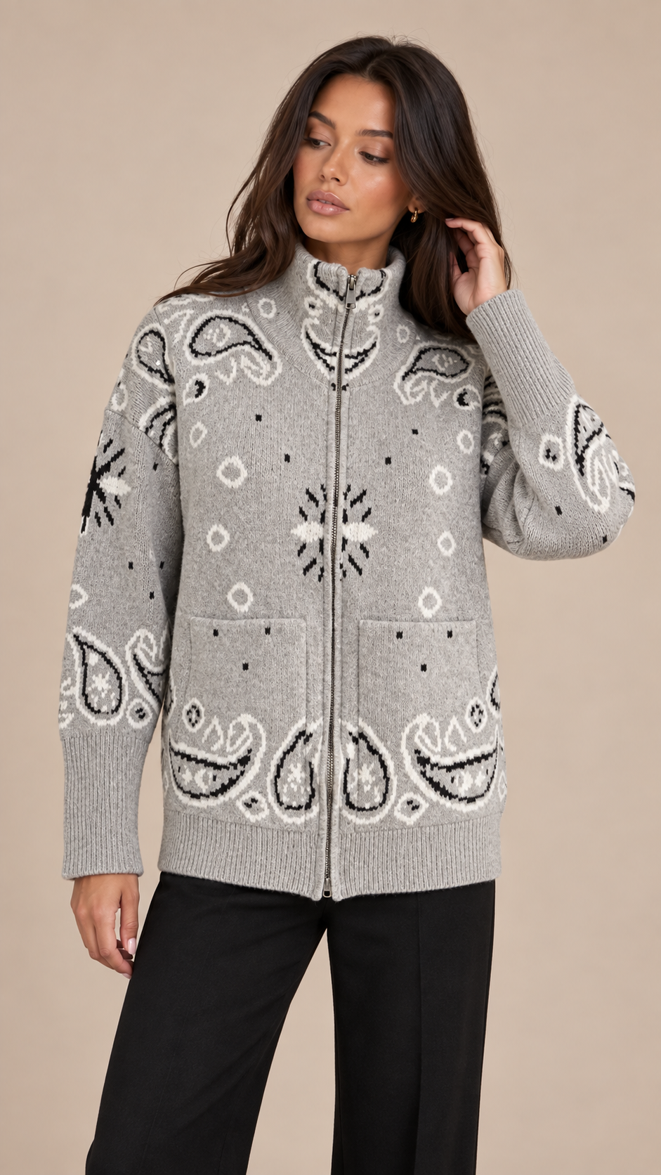 Sienna Paisley Zip Cardigan — Light Gray model front