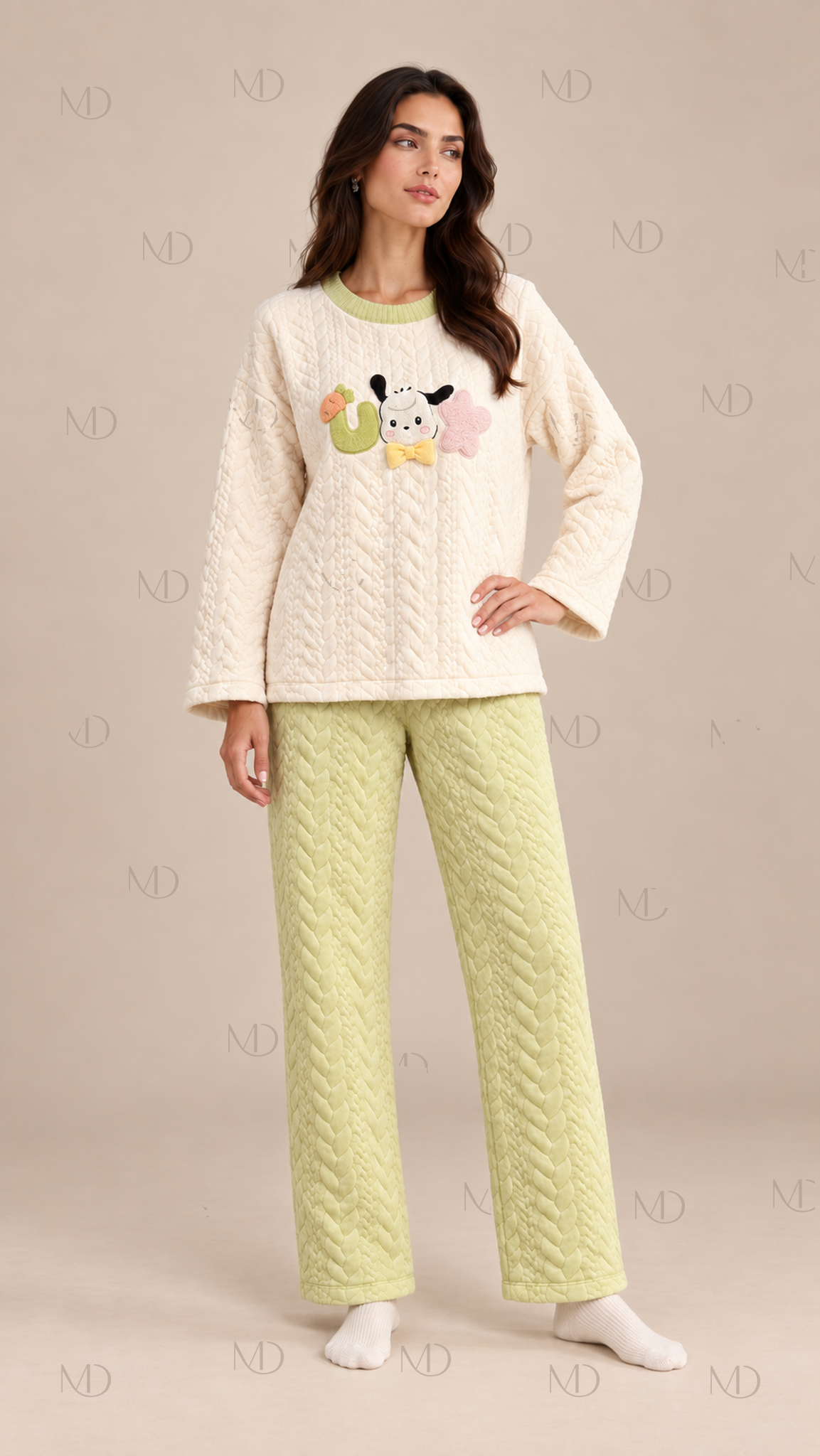 Cocoa Padded Cartoon Pajama Set — Lime model front