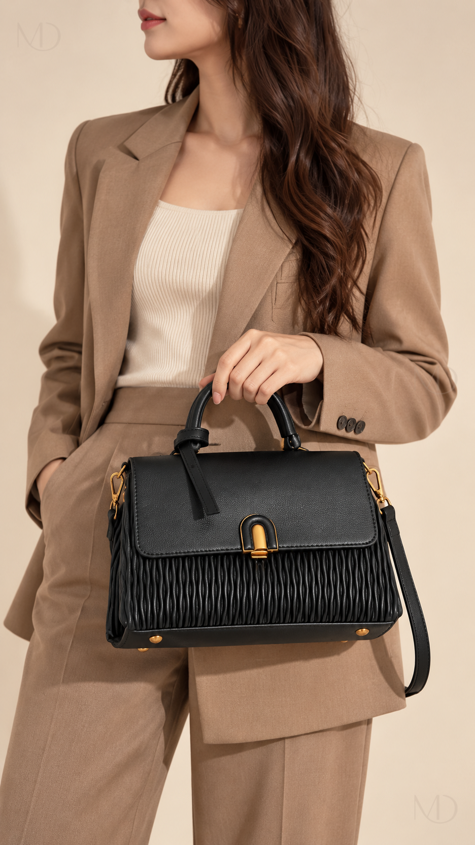 Lumi Pleated Flap Bag - Black model body-part view