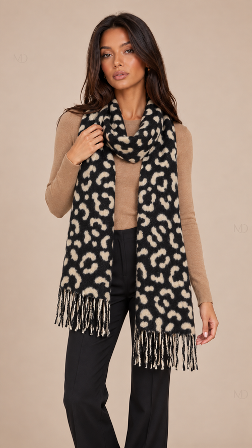 Isolde Leopard Cashmere Scarf - black-01-model