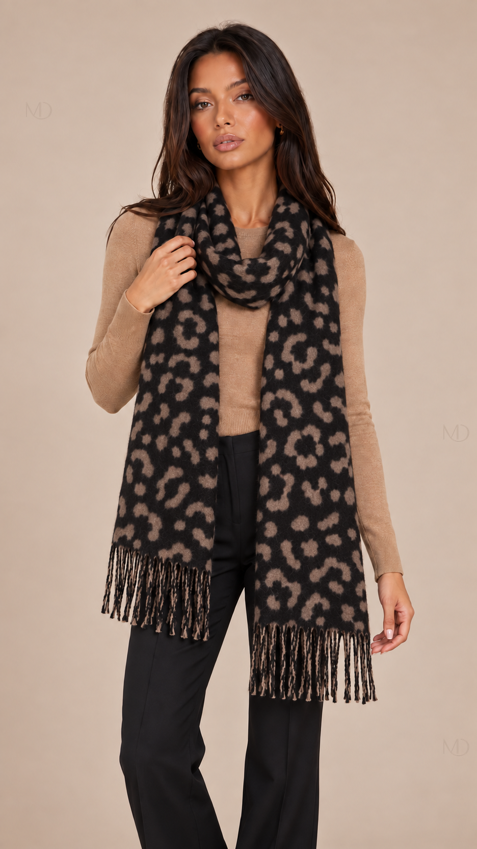 Isolde Leopard Cashmere Scarf - dark-brown-01-model