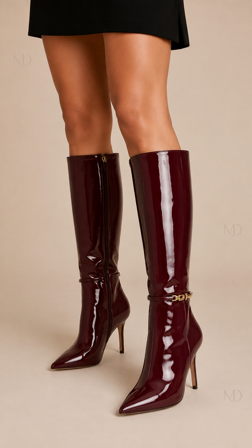 Vera Patent Knee Boots wine red worn view