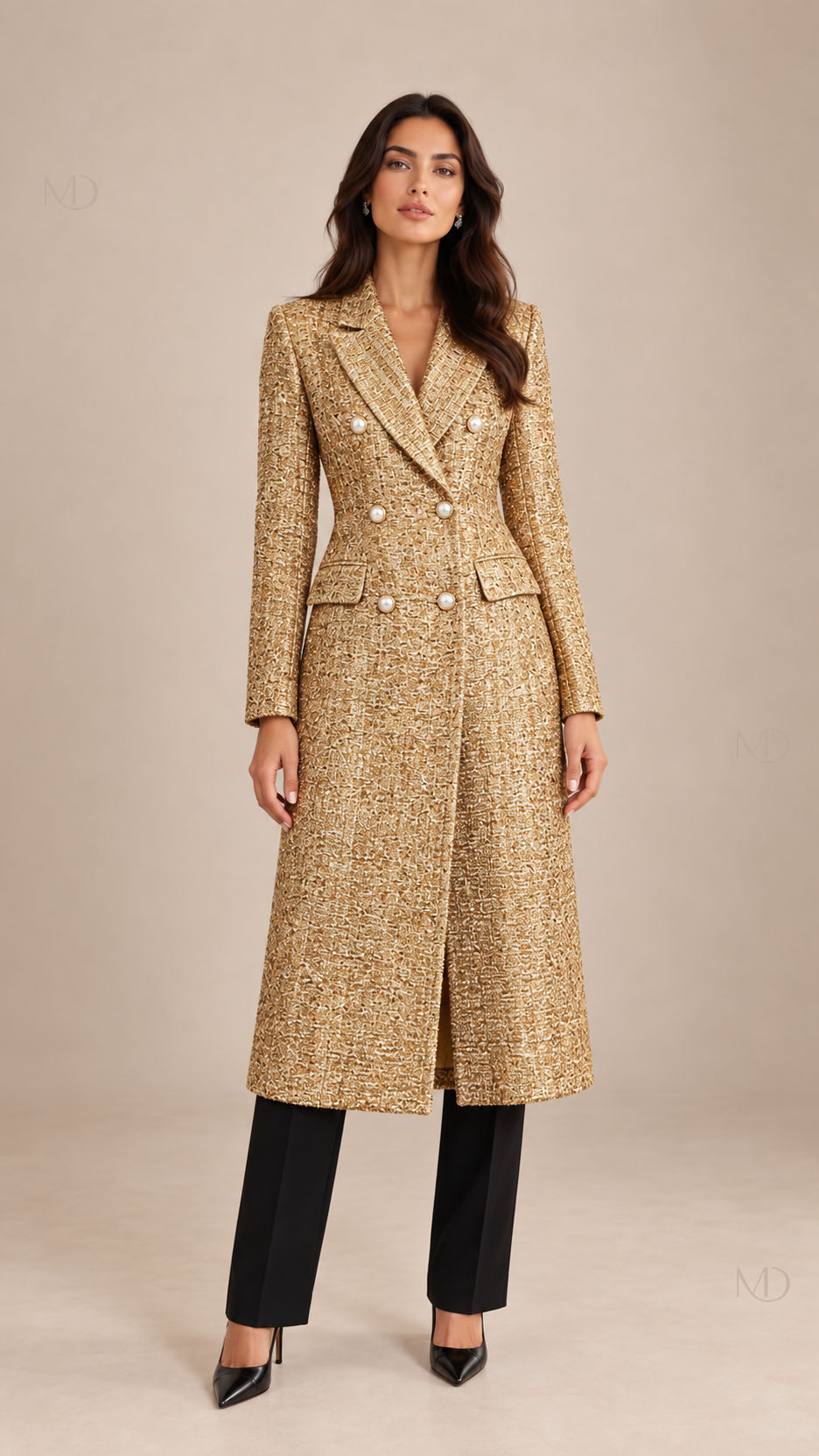 Seraphine Gold Tweed Longline Coat - gold-01-front