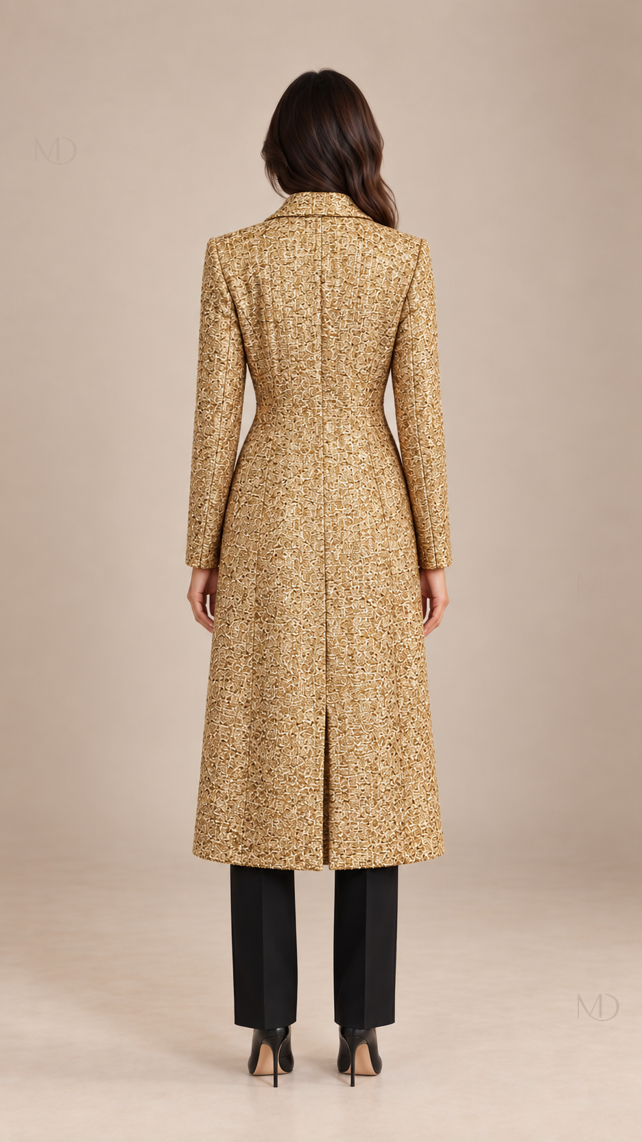 Seraphine Gold Tweed Longline Coat - gold-02-back