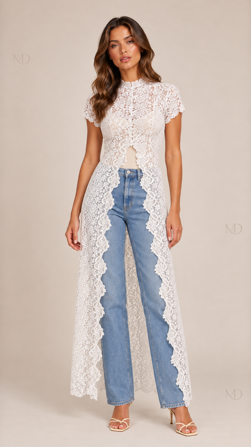Odette Lace Longline Top - white-01-front