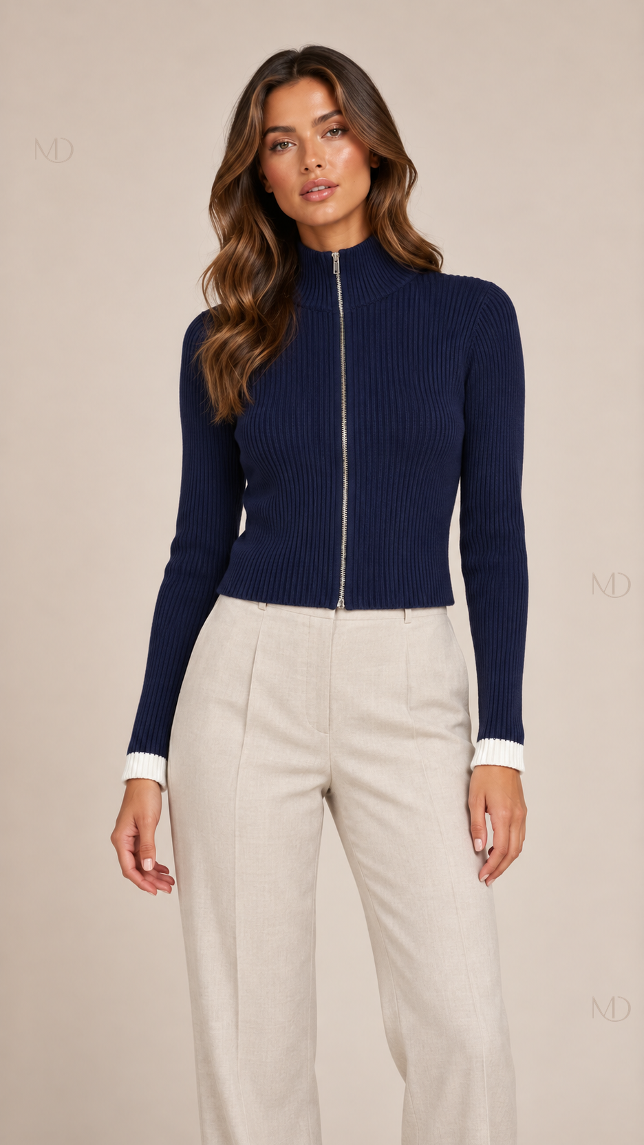 Nadia Ribbed Zip Knit Cardigan - dark blue 01 front - MD Fashionwear