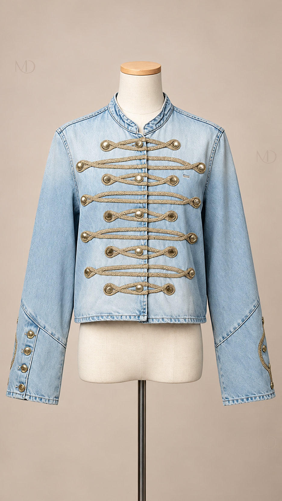 Odette Braided Denim Jacket — blue mannequin front