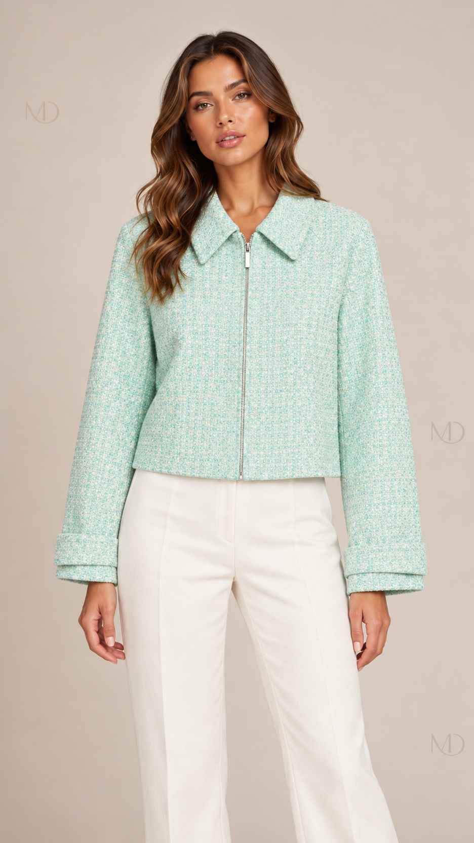 Celeste Mint Tweed Jacket — green model front
