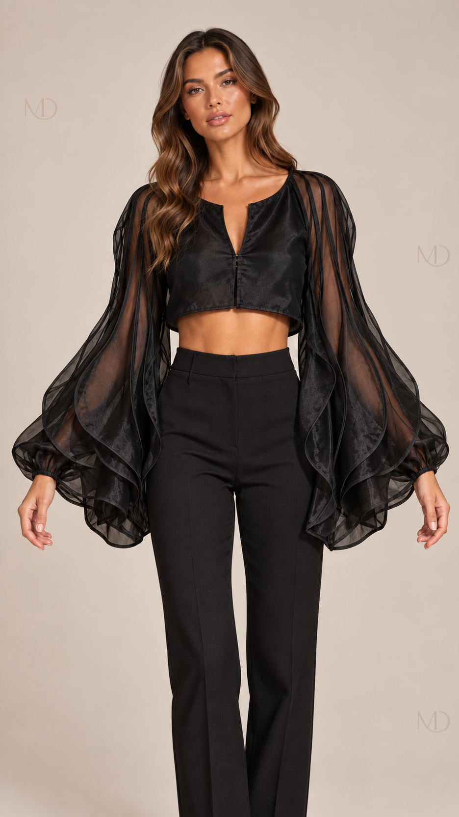 Aurelie Organza Balloon Blouse — black model front