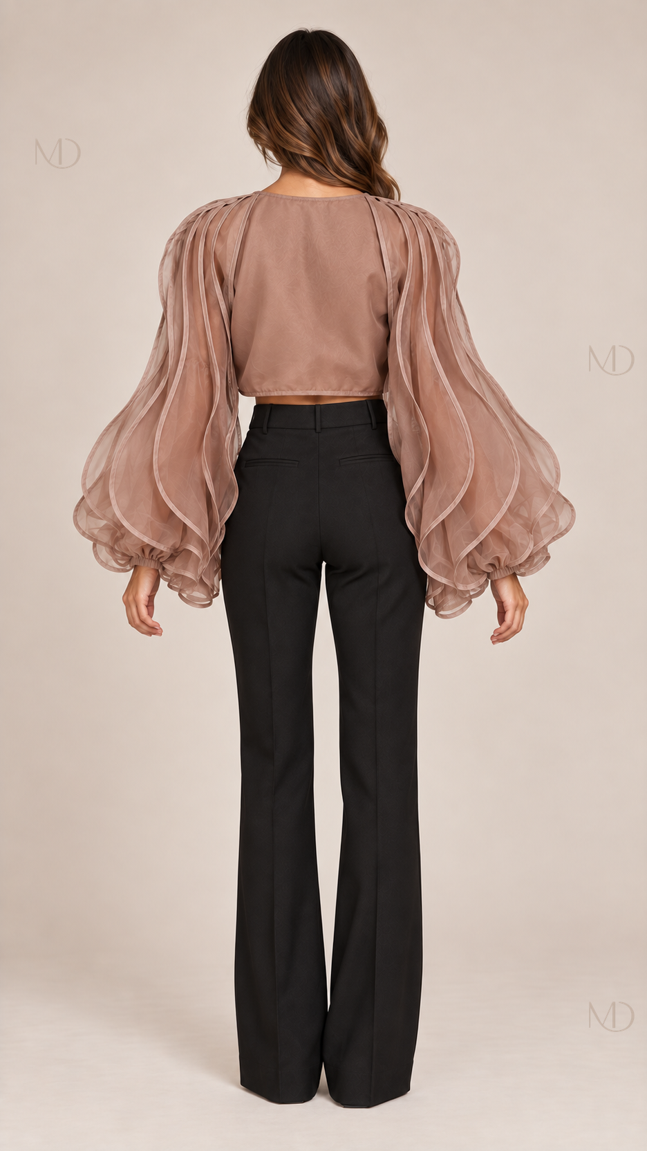 Aurelie Organza Balloon Blouse — brown model back