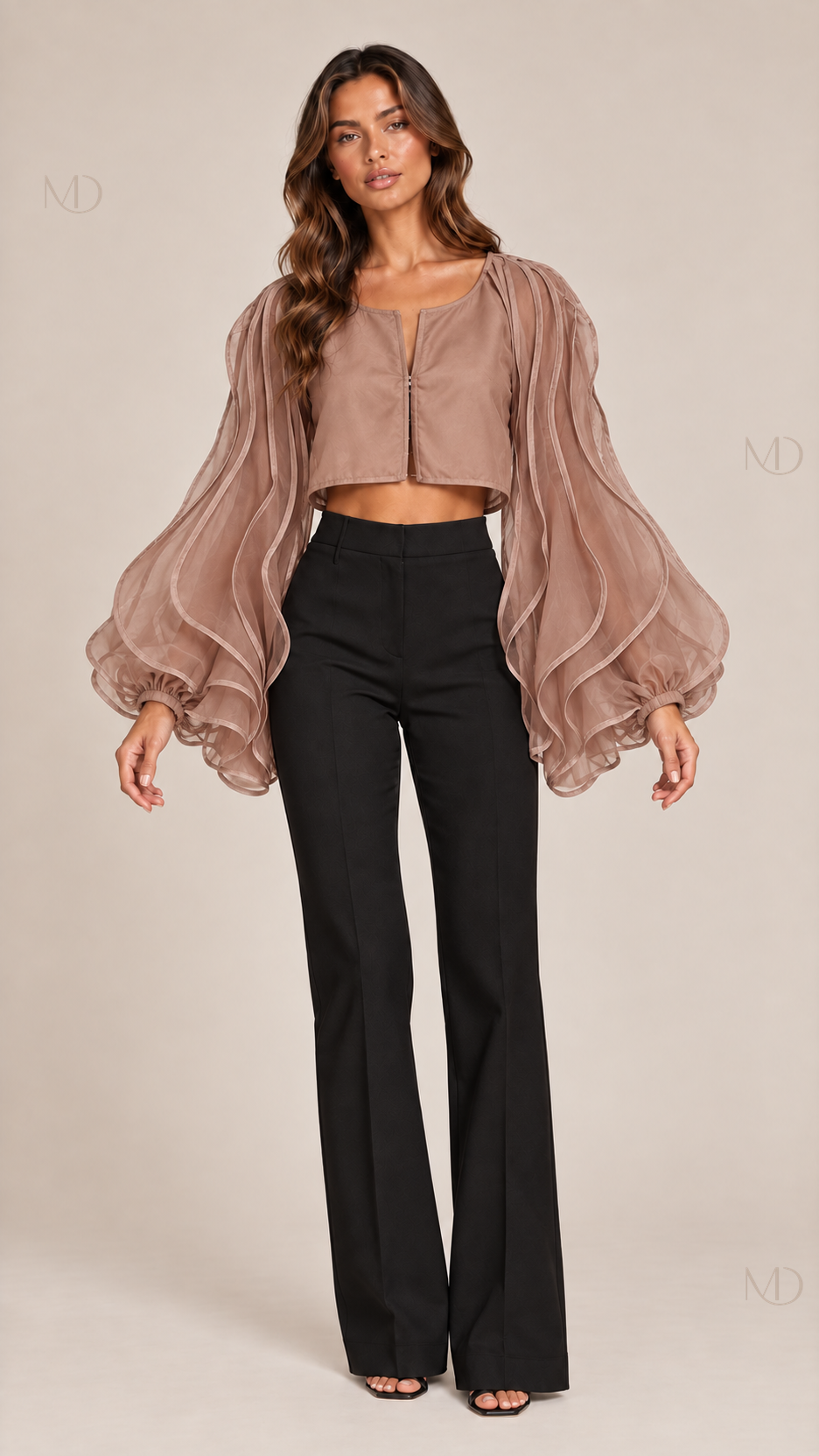 Aurelie Organza Balloon Blouse — brown model front
