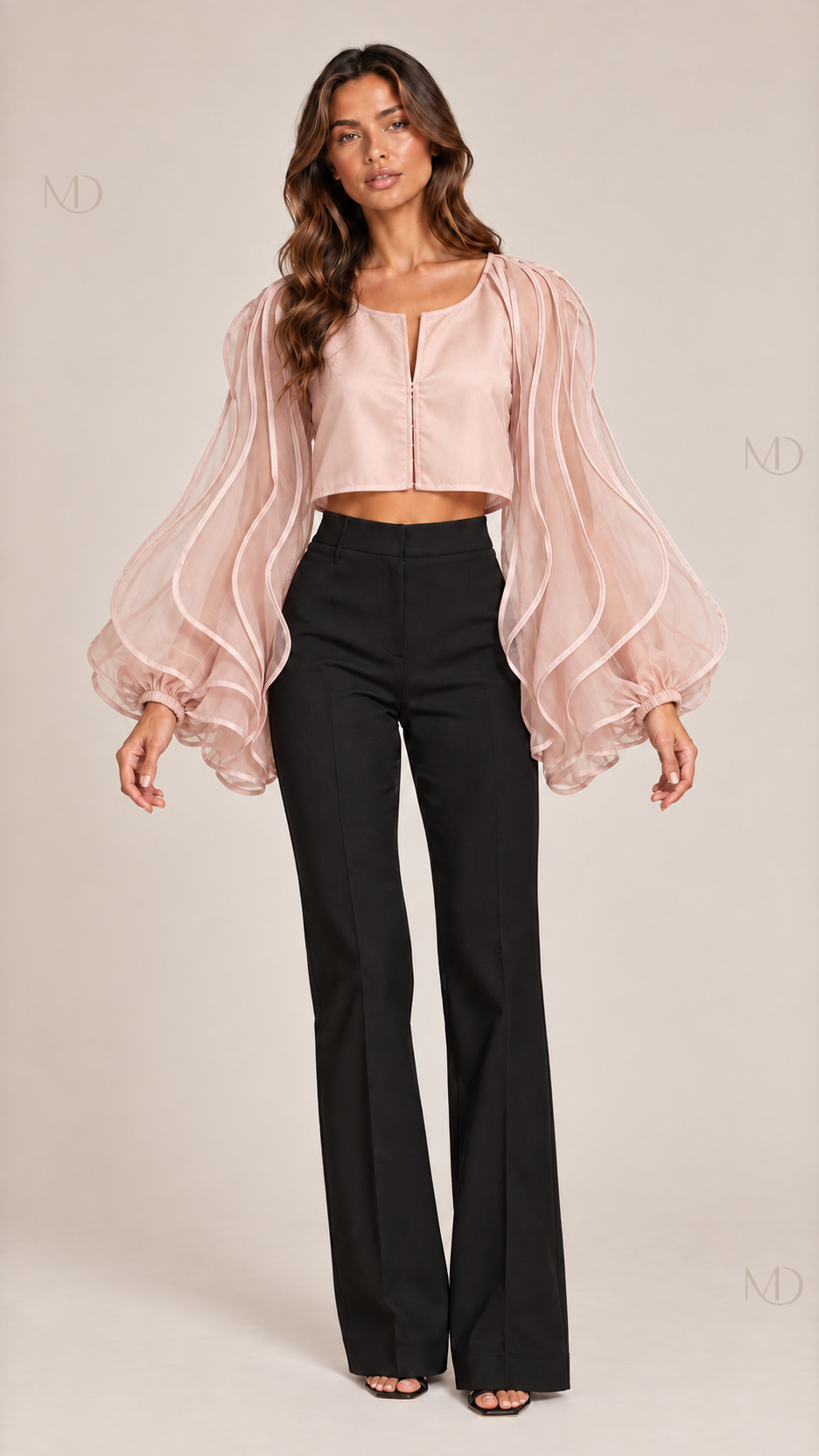 Aurelie Organza Balloon Blouse — pink model front