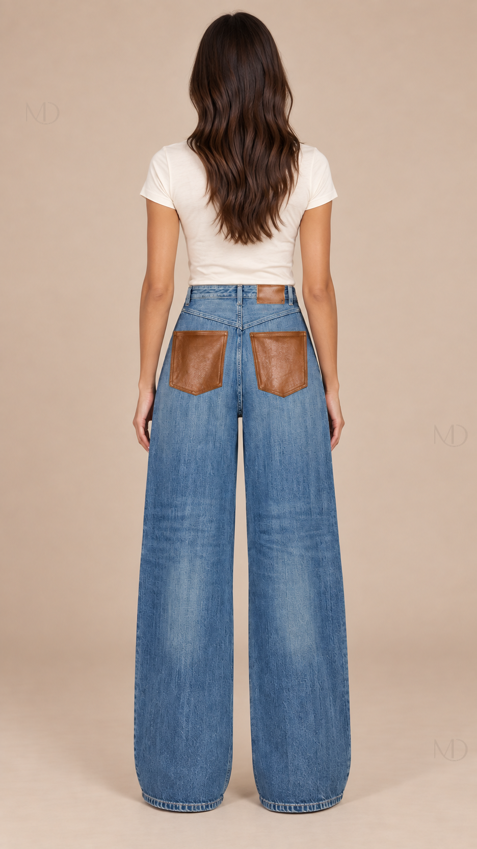 Rhea Leather Pocket Jeans — vintage blue model back