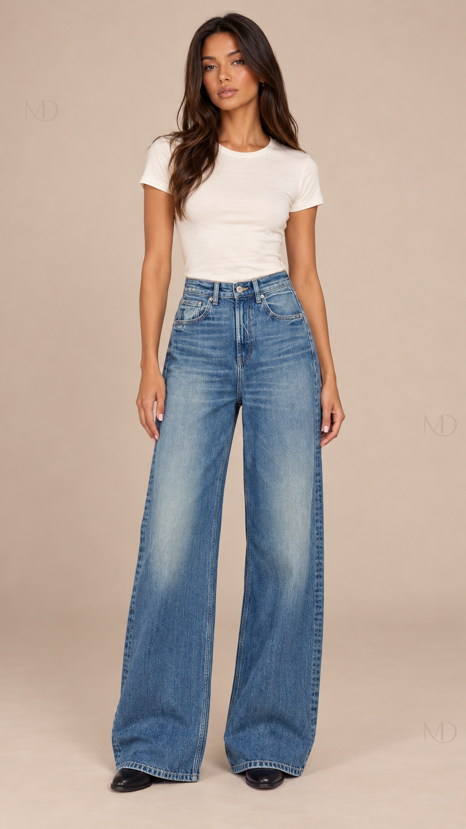 Rhea Leather Pocket Jeans — vintage blue model front