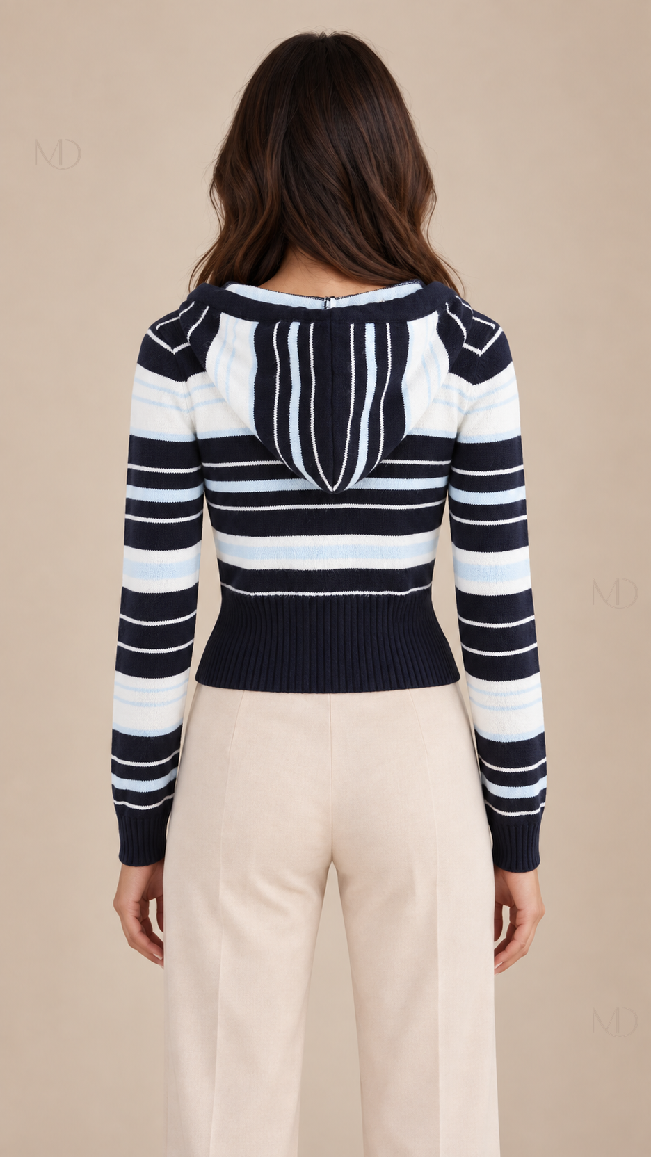 Noa Striped Hooded Cardigan — blue model back