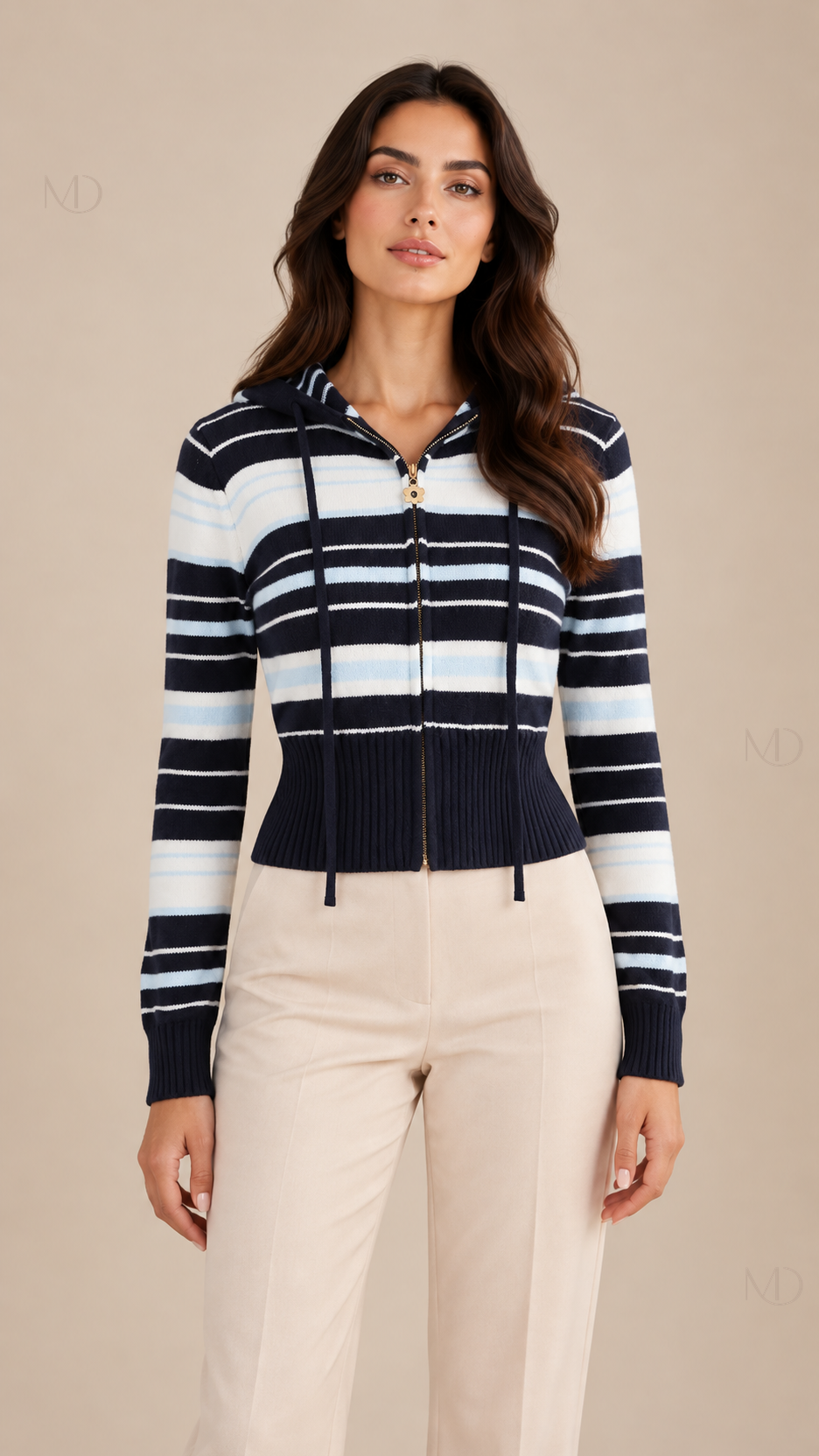 Noa Striped Hooded Cardigan — blue model front