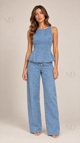 Cherry Denim Peplum Two-Piece Set