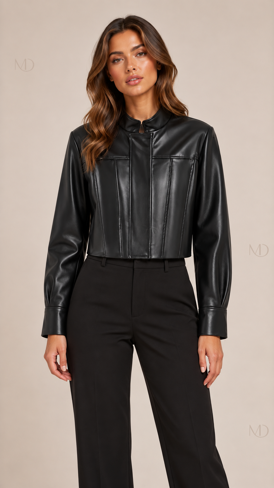 Noa Cropped Leather Jacket — black model front