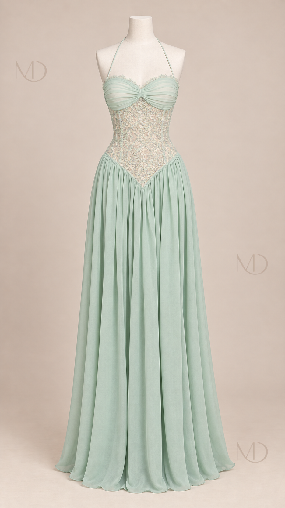 Elowen Lace Chiffon Maxi Dress — mint green mannequin front