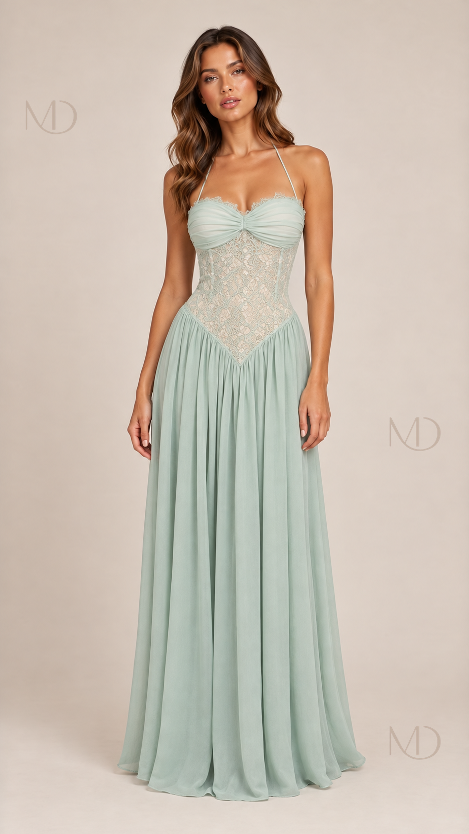 Elowen Lace Chiffon Maxi Dress — mint green model front