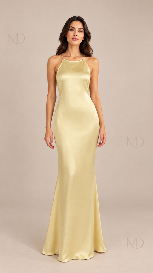 Odette Backless Halter Maxi Dress — light gold model front
