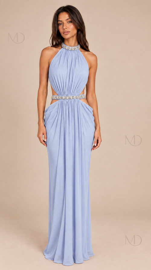 Celeste Crystal Halter Maxi Dress — light blue model front