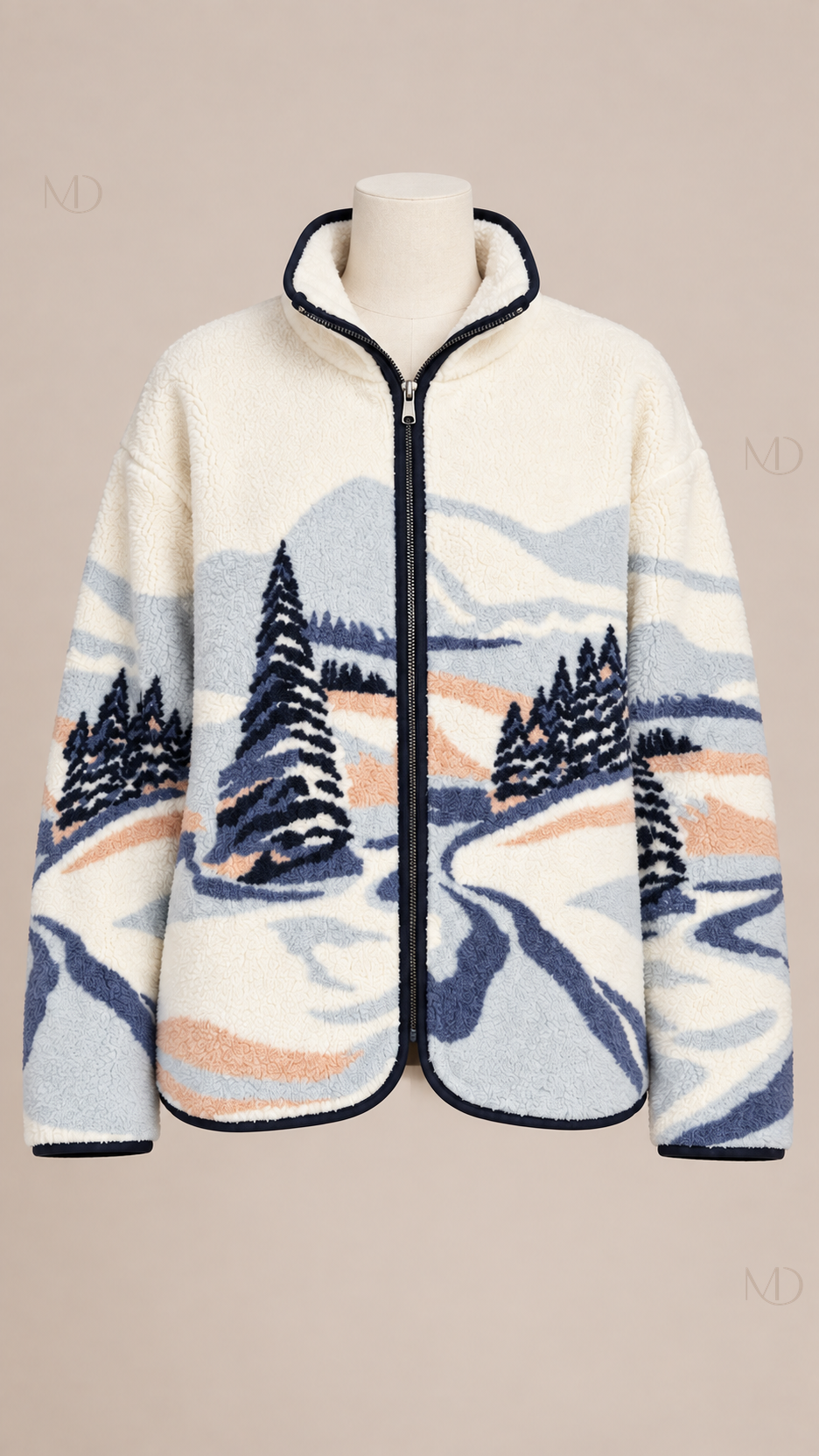 Aspen Printed Fleece Jacket — ivory snow print mannequin front